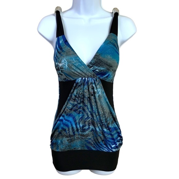 XS Vintage Y2k Blue Silver Shimmer Sleeveless Stretch Blouse Extra Small - Picture 1 of 7